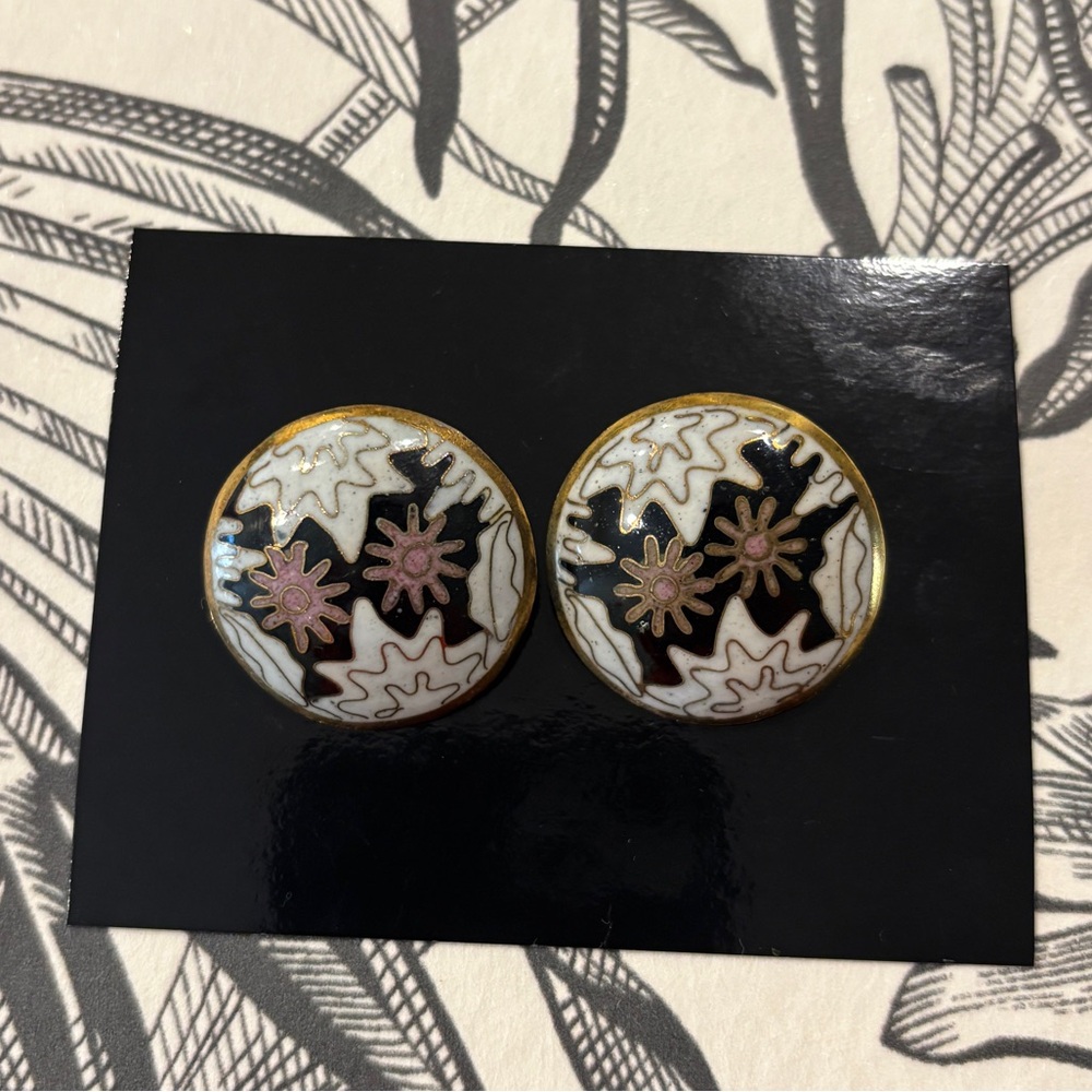 🖤 Vintage Round Enamel Chinese Cloisonne Export Clip Domed Round Earrings 🖤